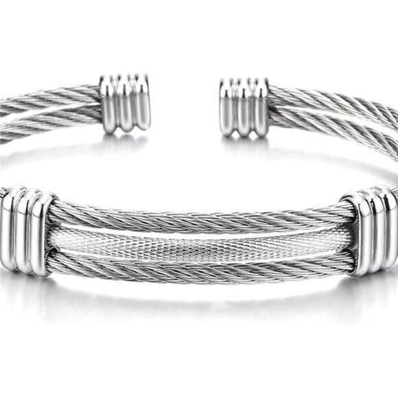 COOLSTEELANDBEYOND Men Women Stainless Steel Twisted Cable Adjustable Cuff - Picture 2 of 7